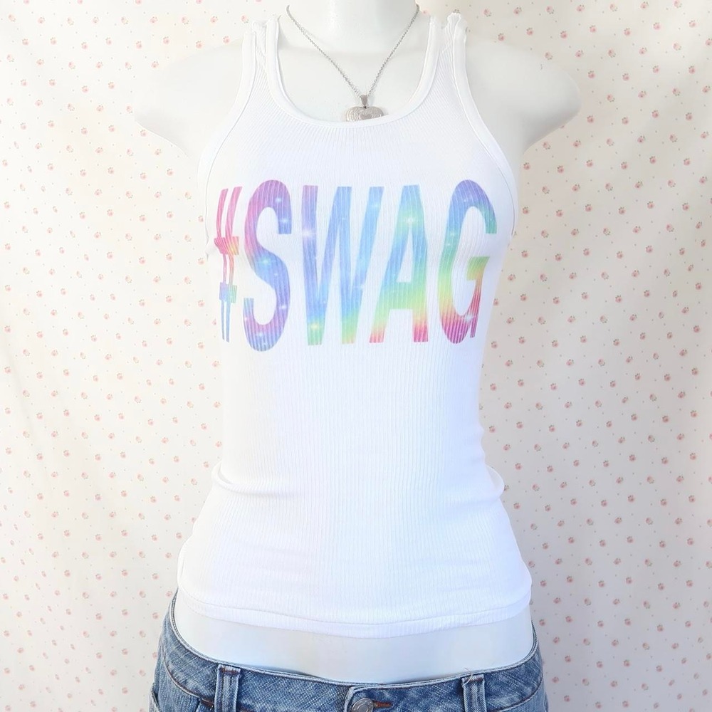 y2k rainbow galaxy "swag" graphic ribbed tank top